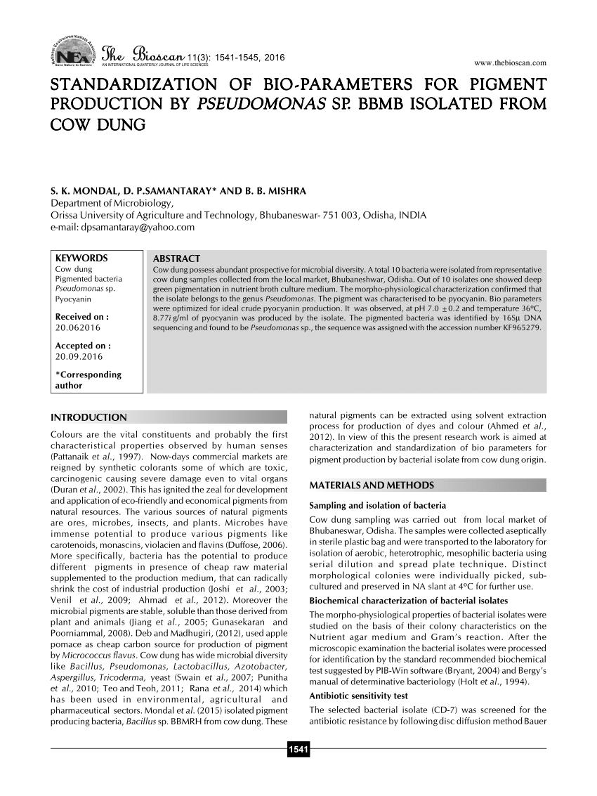 Pdf Standardization Of Bio Parameters For Pigment Production By Pseudomonas Sp mb Isolated From Cow Dung
