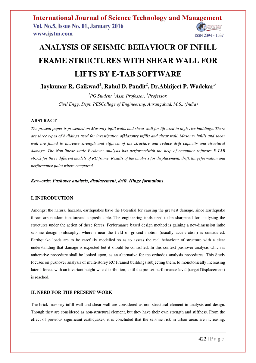 Pdf Analysis Of Seismic Behaviour Of Infill Frame Structures With Shear Wall For Lifts By E Tab Software