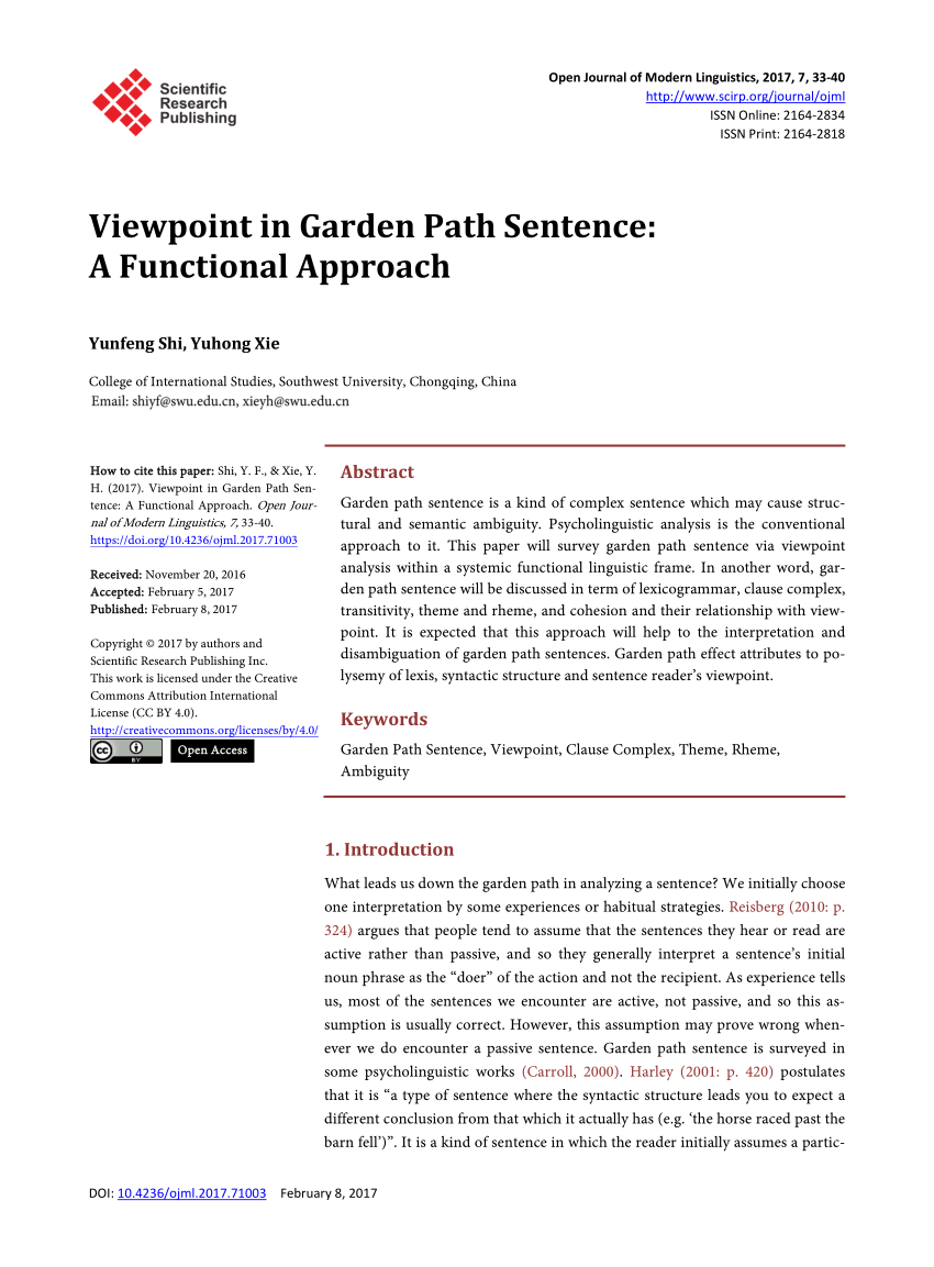 Pdf Viewpoint In Garden Path Sentence A Functional Approach