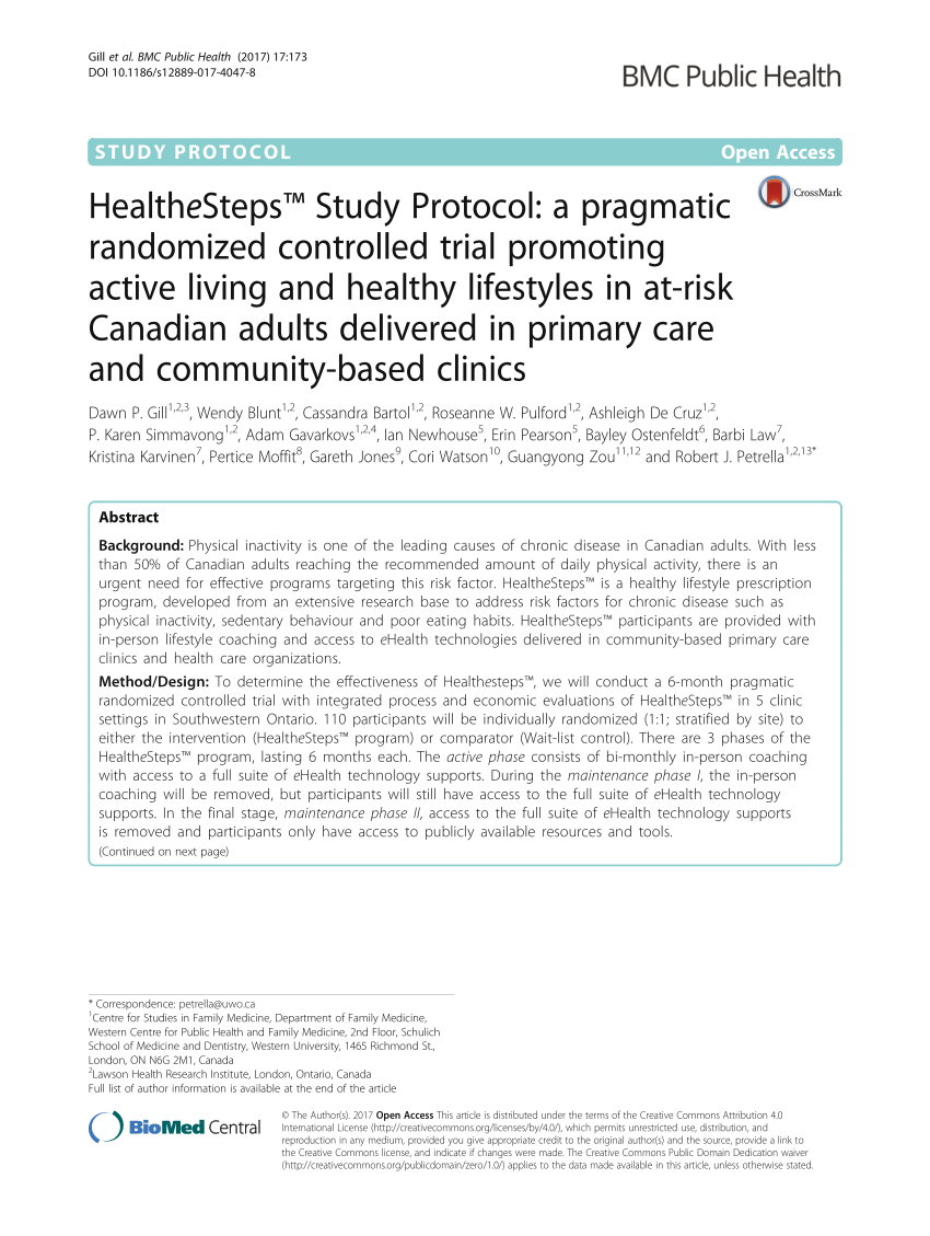 Pdf Healthesteps Study Protocol A Pragmatic Randomized Controlled Trial Promoting Active Living And Healthy Lifestyles In At Risk Canadian Adults Delivered In Primary Care And Community Based Clinics