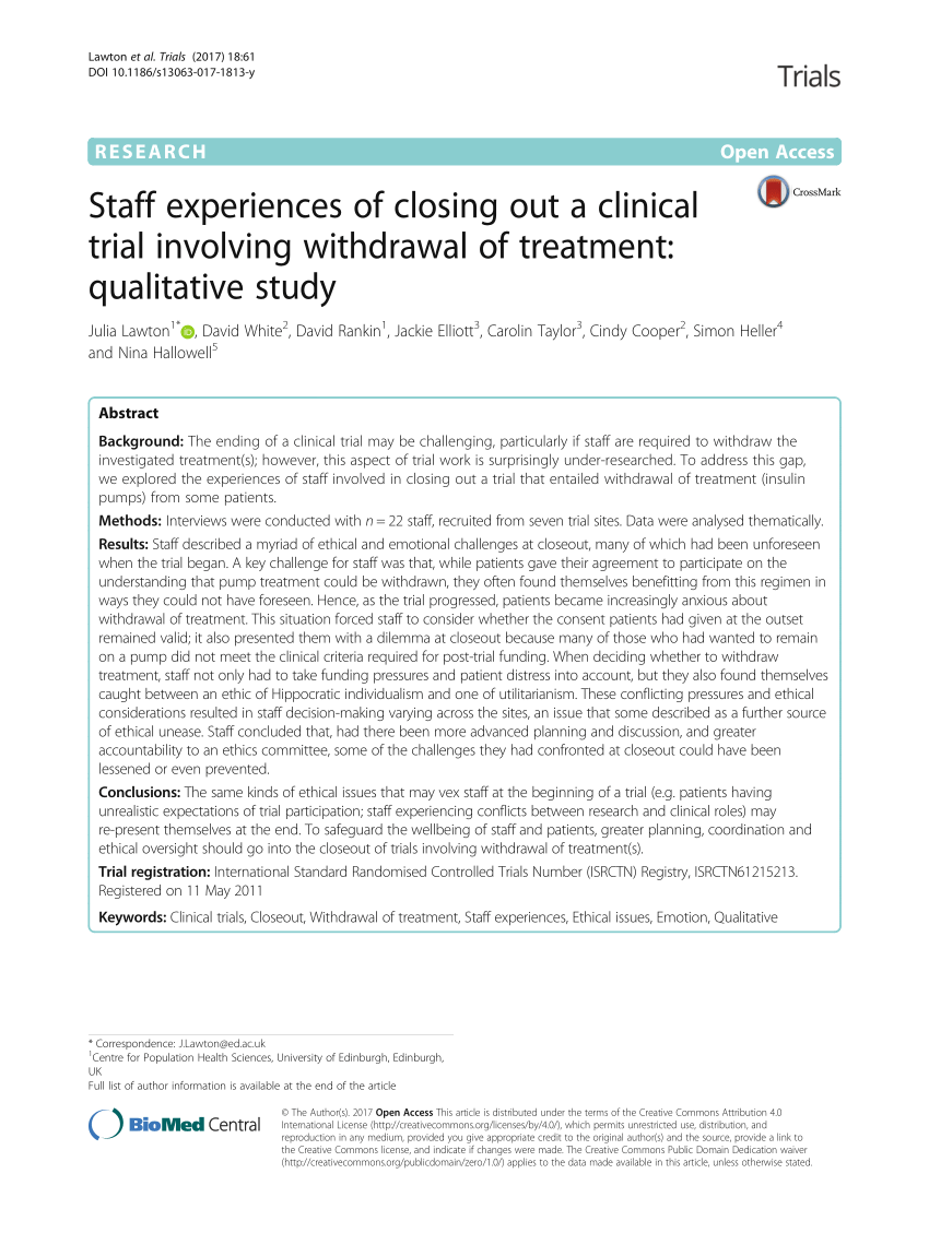 PDF) Staff experiences of closing out a clinical trial involving withdrawal of treatment Qualitative study