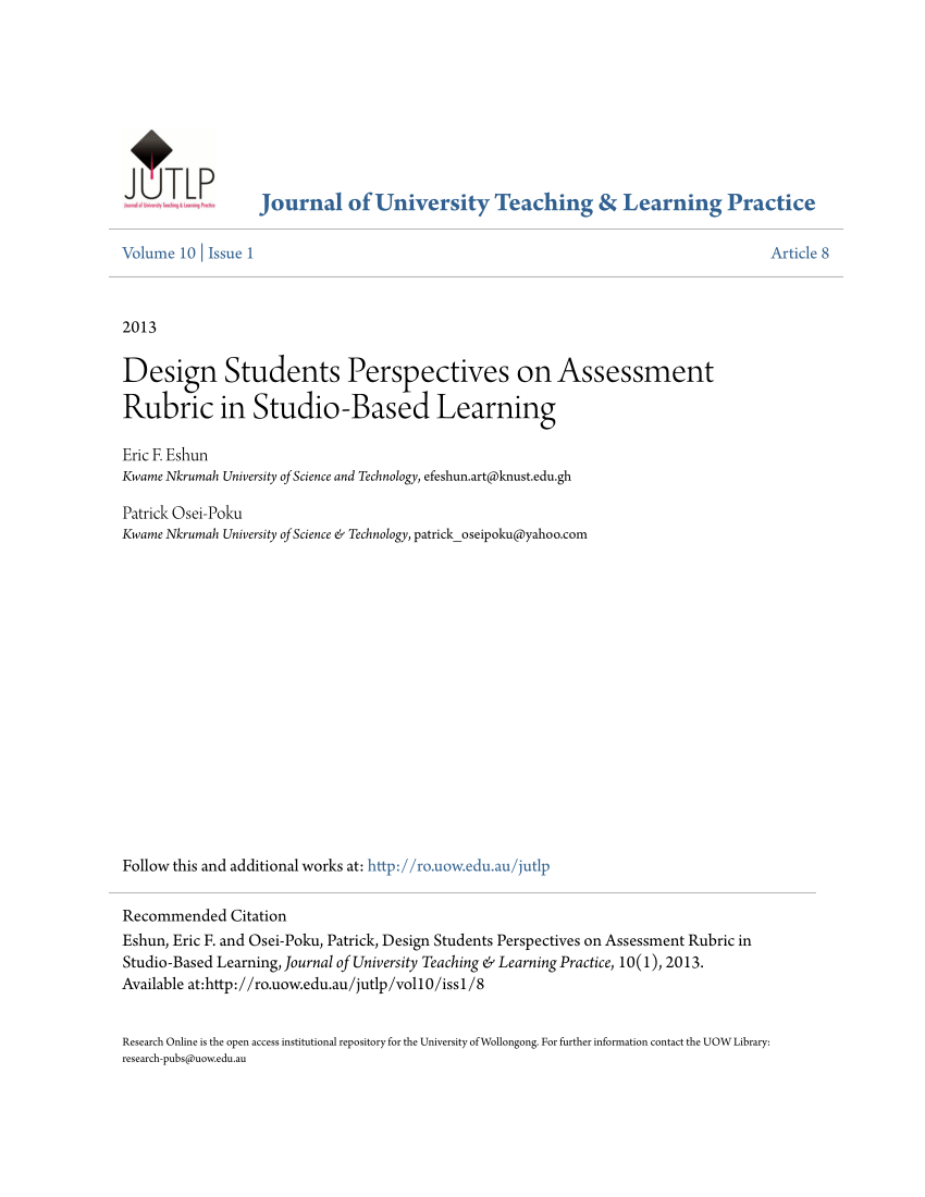 PDF) Design Students Perspectives on Assessment Rubric in Studio-Based  Learning