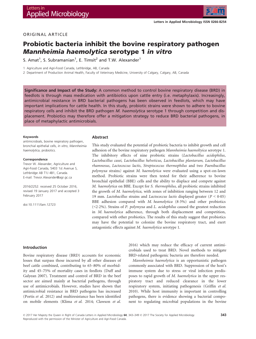 Probiotic bacteria inhibit the bovine respiratory pathogen Mannheimia haemolytica serotype 1 in vitro (PDF Download Available)