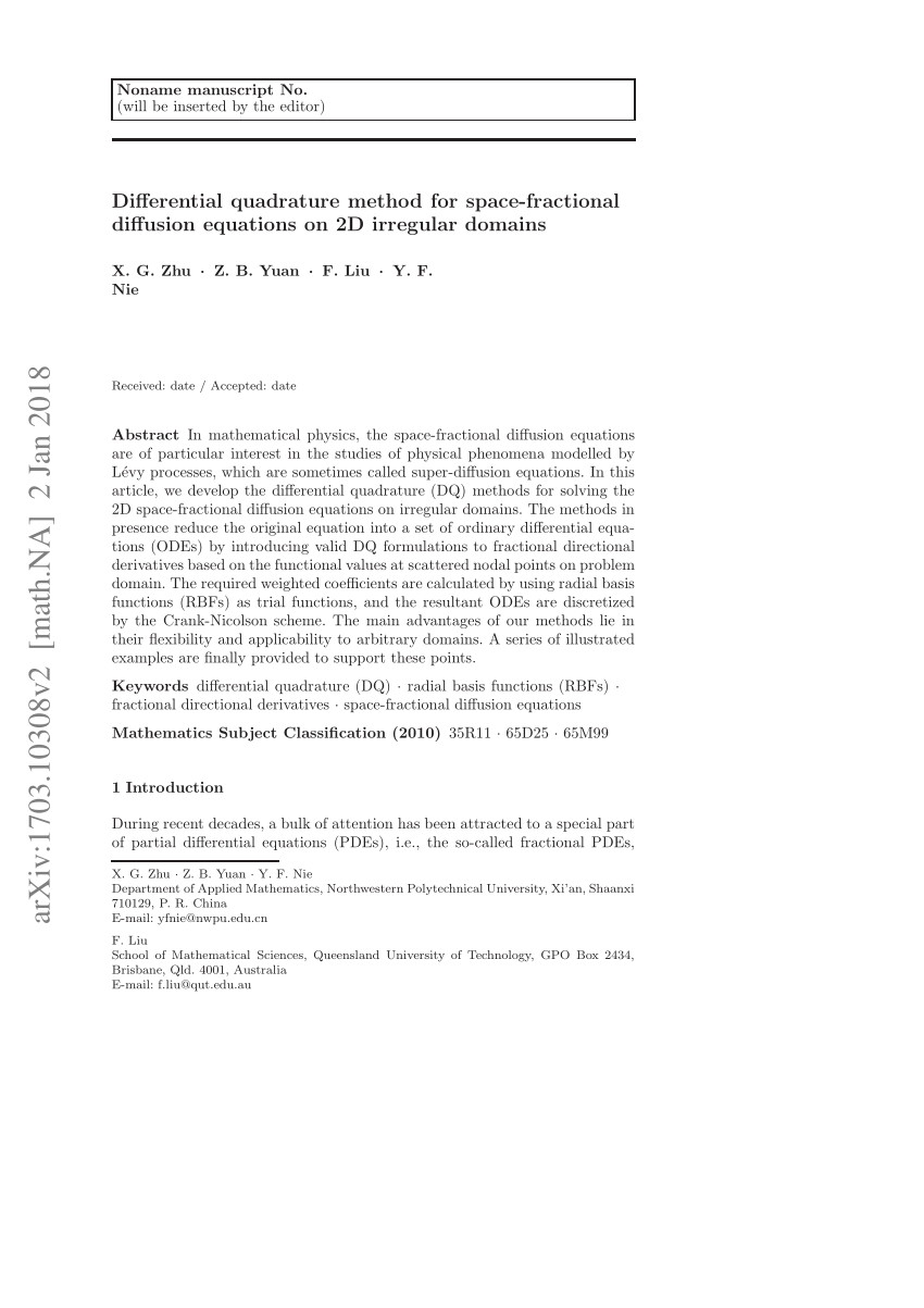 Pdf Differential Quadrature Method For Space Fractional Diffusion Equations On 2d Irregular Domains