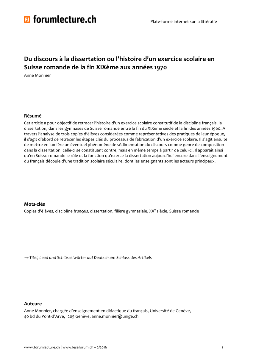 Pdf Du Discours A La Dissertation Ou L Histoire D Un Exercice Scolaire En Suisse Romande De La Fin Xixeme Aux Annees 1970