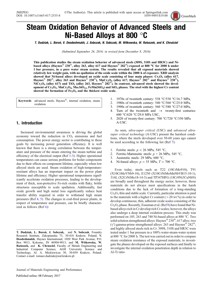PDF) Steam Oxidation Behavior of Advanced Steels and Ni-Based ...