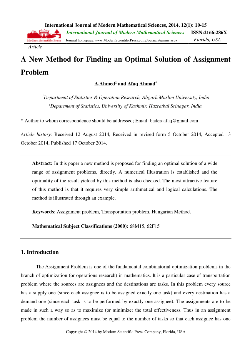 application of assignment problem in operations research pdf