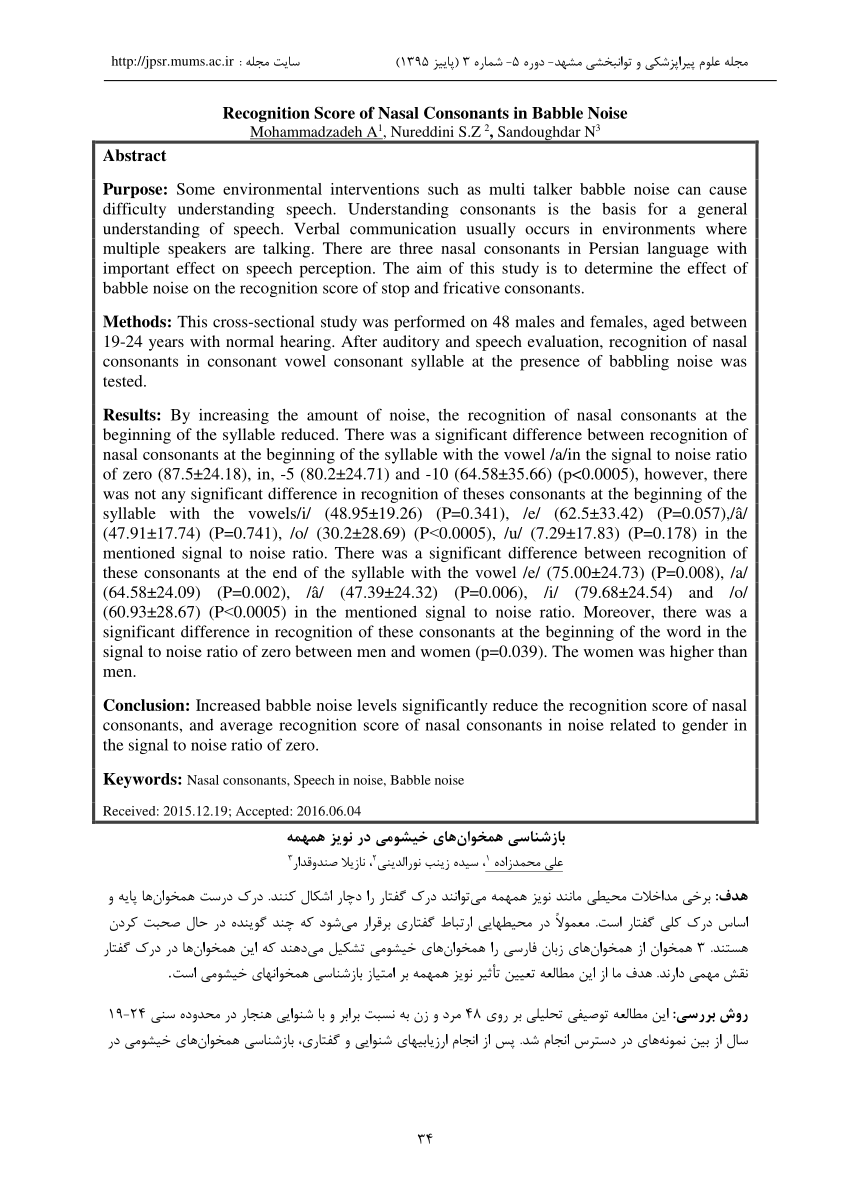 PDF Recognition Score Of Nasal Consonants In Babble Noise