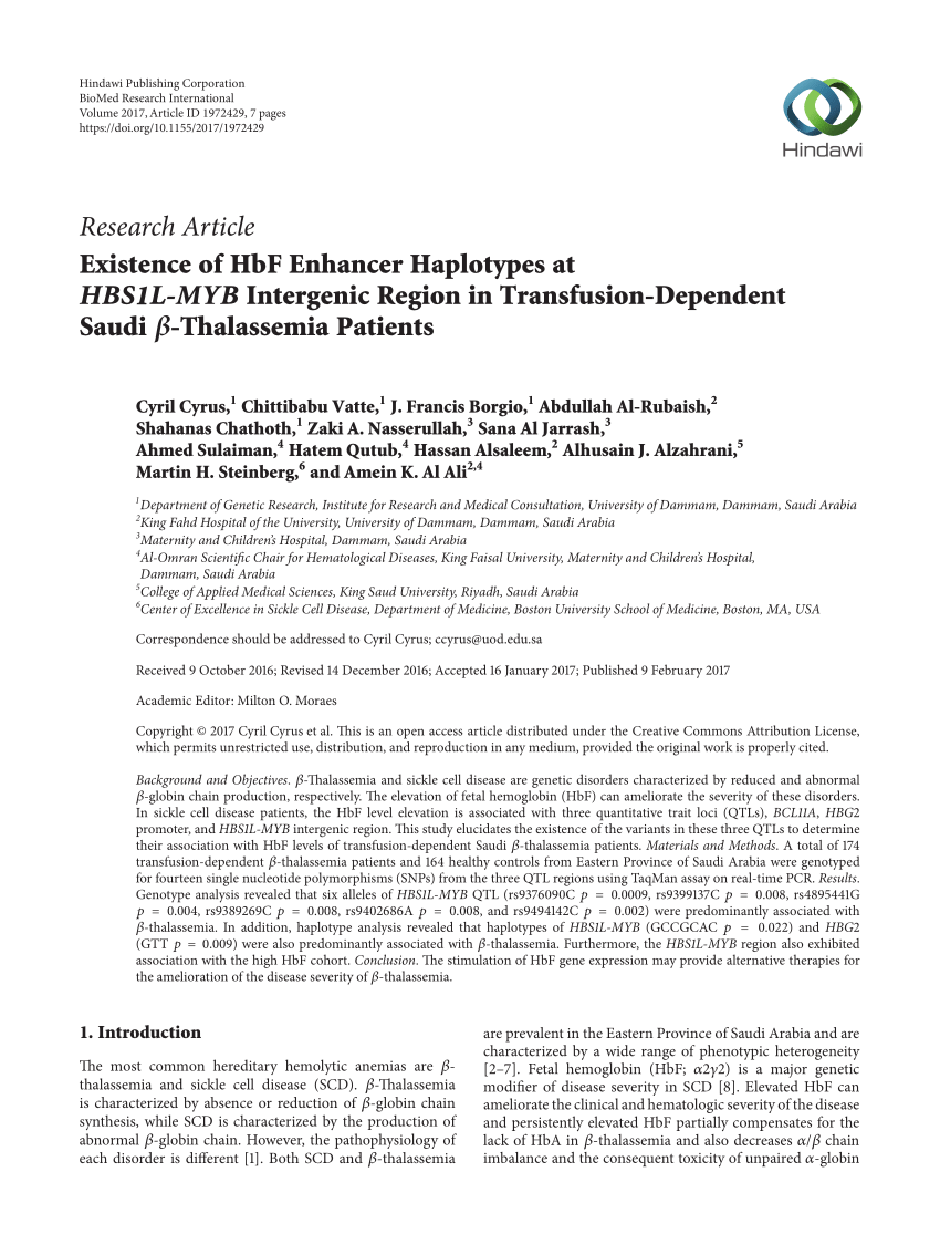 Pdf Existence Of Hbf Enhancer Haplotypes At Hbs1l Myb Intergenic Region In Transfusion Dependent Saudi B Thalassemia Patients