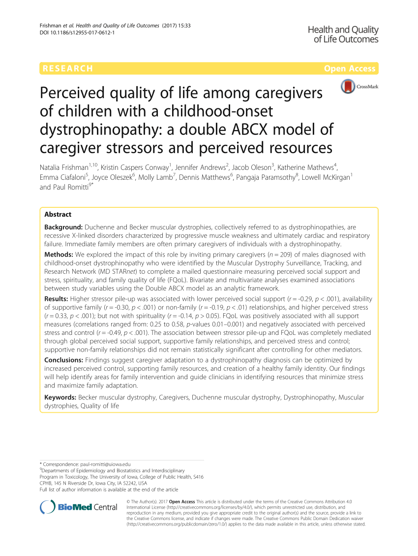 PDF) Perceived quality of life among caregivers of children with a  childhood-onset dystrophinopathy: A double ABCX model of caregiver  stressors and perceived resources