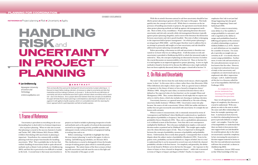 Pdf Handling Risk And Uncertainty In Project Planning