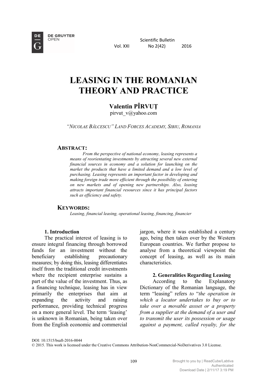 Pdf Leasing In The Romanian Theory And Practice