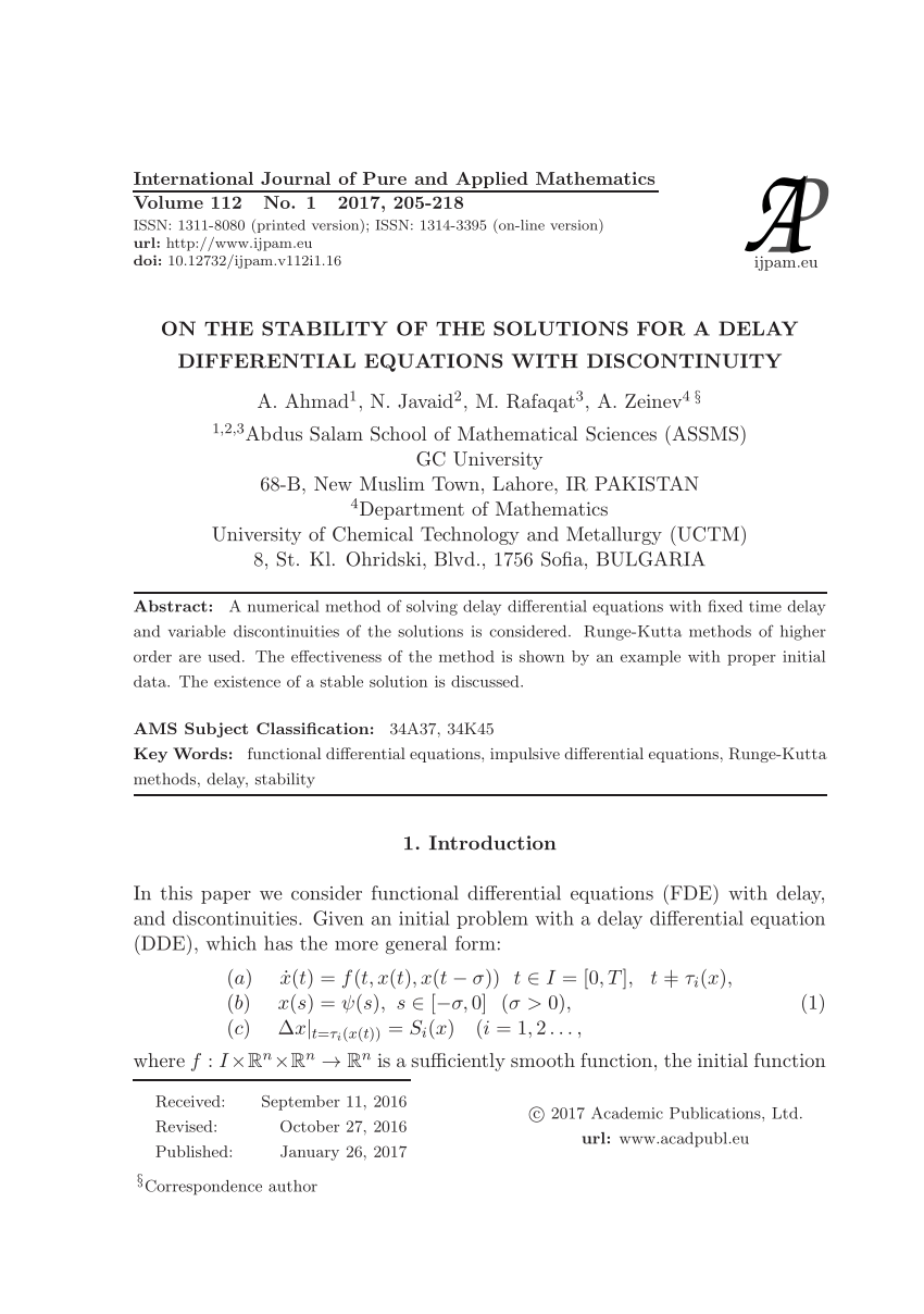 Pdf On The Stability Of The Solutions For A Delay Differential Equations With Discontinuity