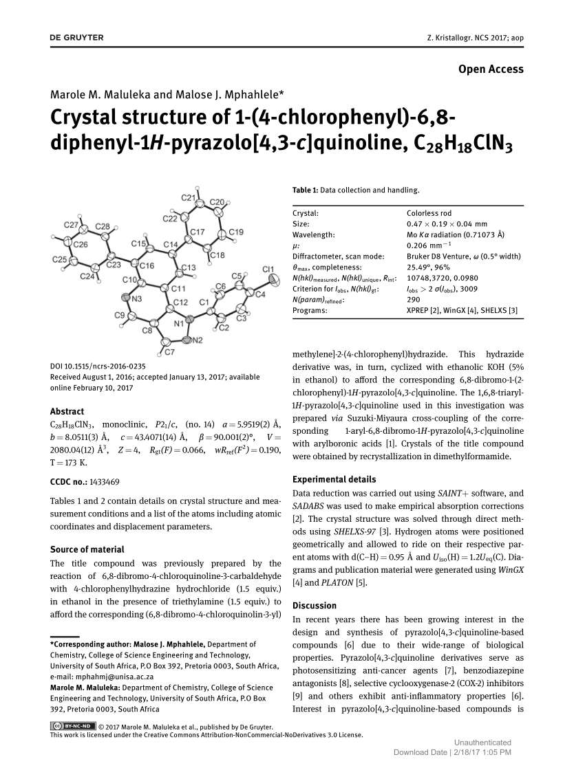 Pdf Crystal Structure Of 1 4 Chlorophenyl 6 8 Diphenyl 1h Pyrazolo 4 3 C Quinoline C28h18cln3