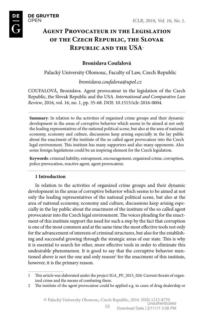 PDF) Agent Provocateur in the Legislation the Czech Republic, the Slovak Republic and the USA
