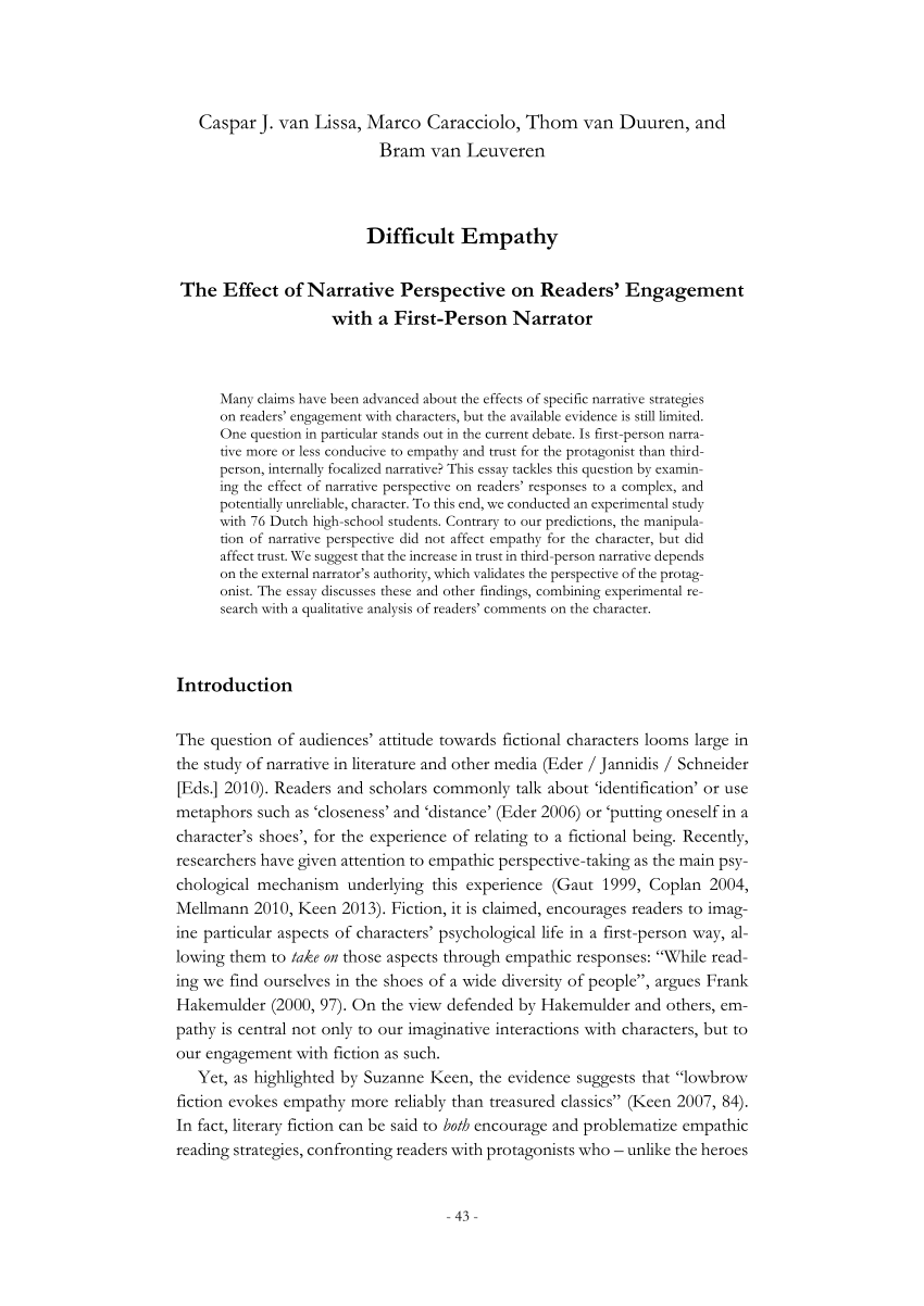 Pdf) Difficult Empathy The Effect Of Narrative Perspective On Readers'  Engagement With A First-Person Narrator