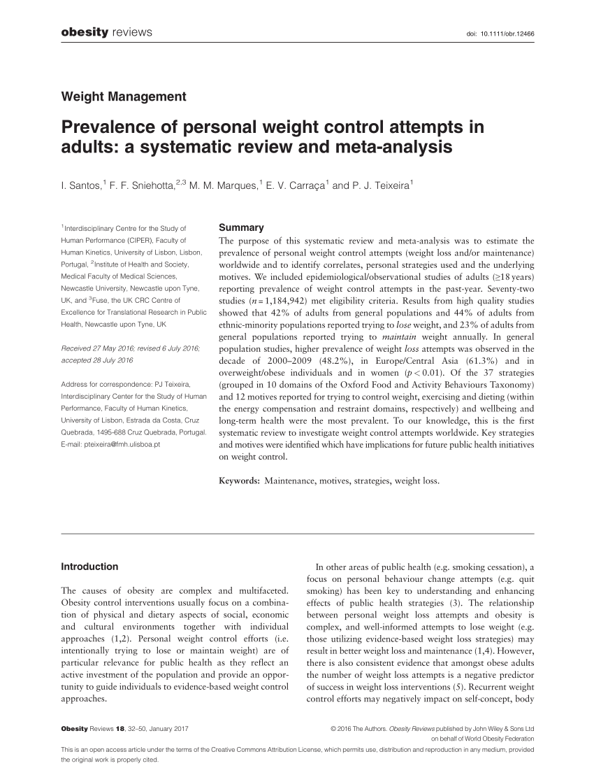 PDF Prevalence of personal weight control attempts in adults a