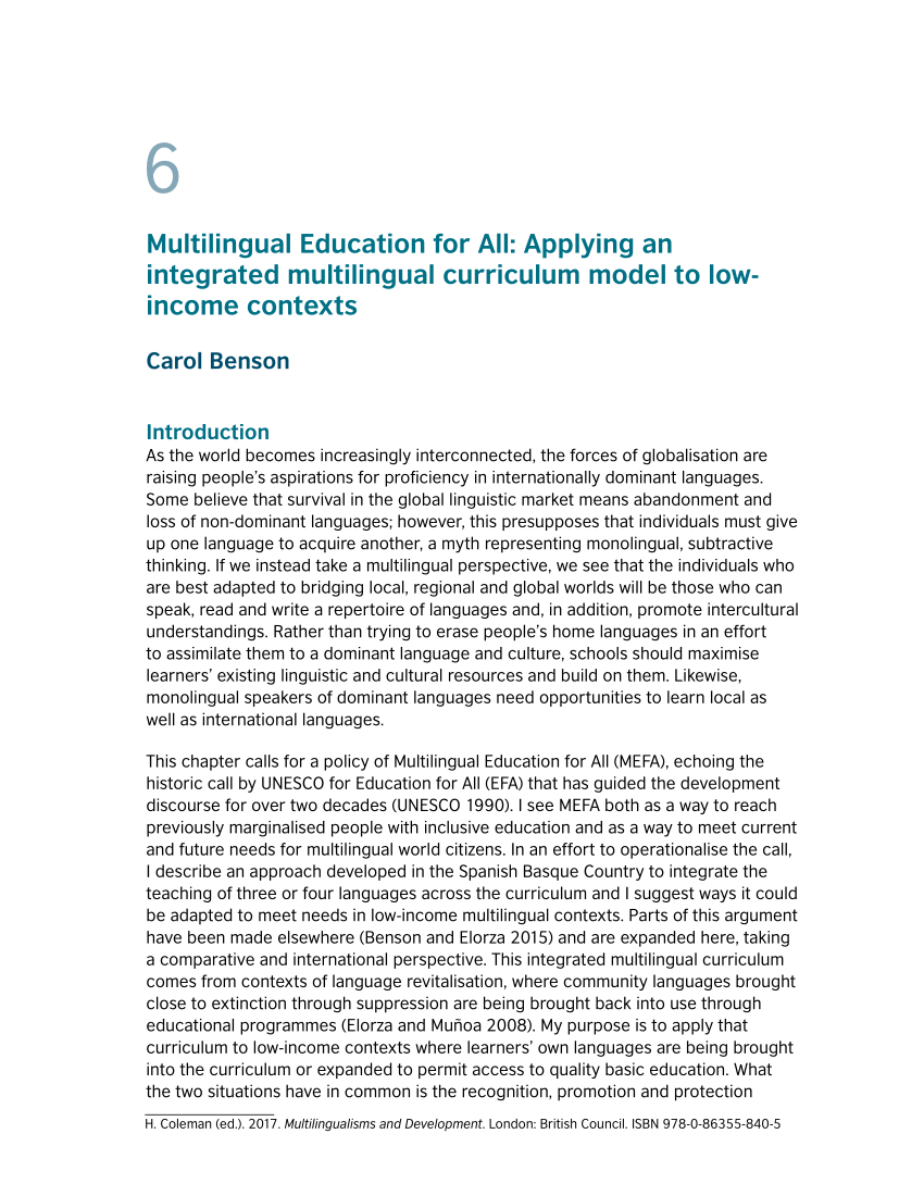 pdf  multilingual education for all  applying an integrated multilingual curriculum model to