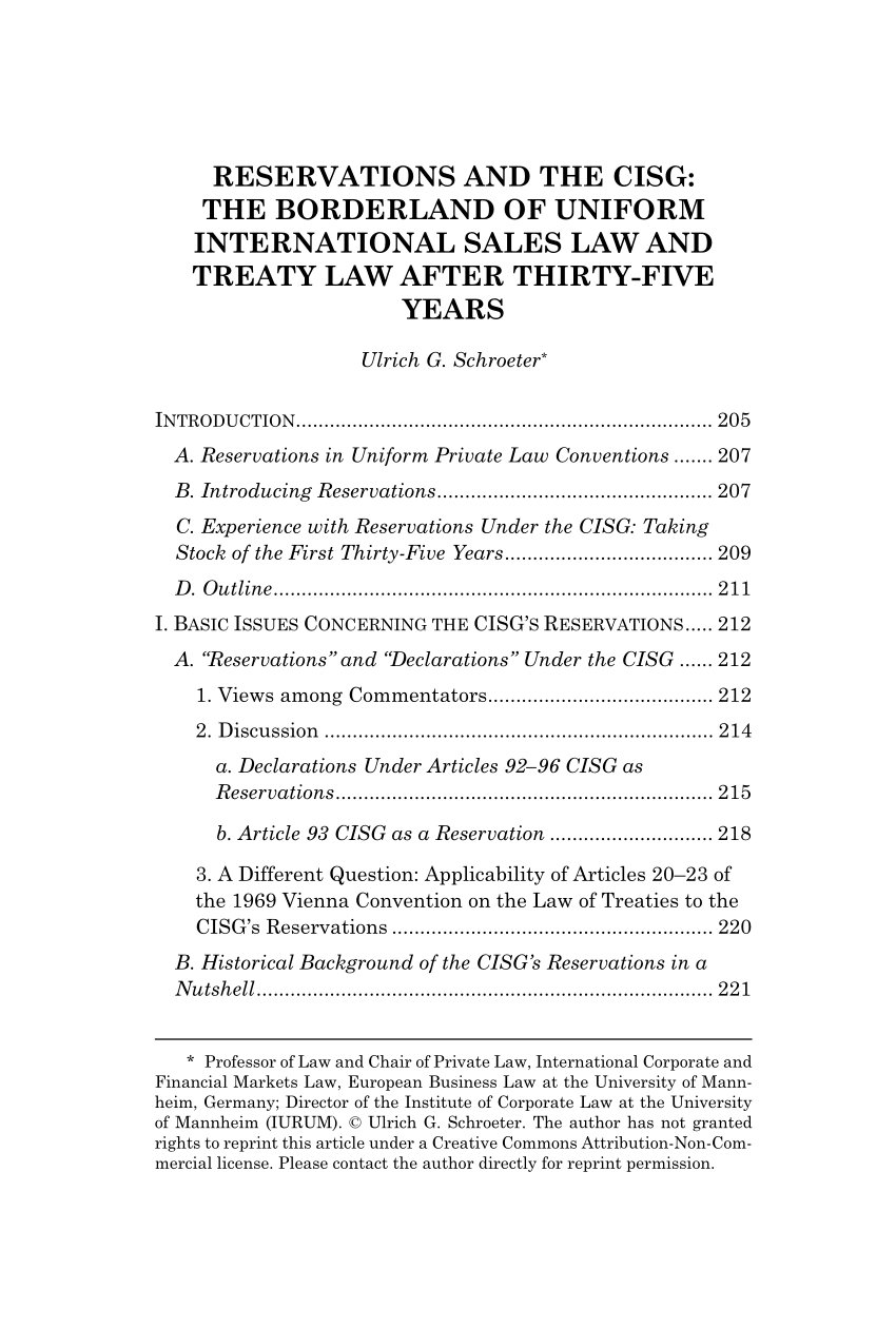 Pdf Reservations And The Cisg The Borderland Of Uniform International Sales Law And Treaty Law After Thirty Five Years