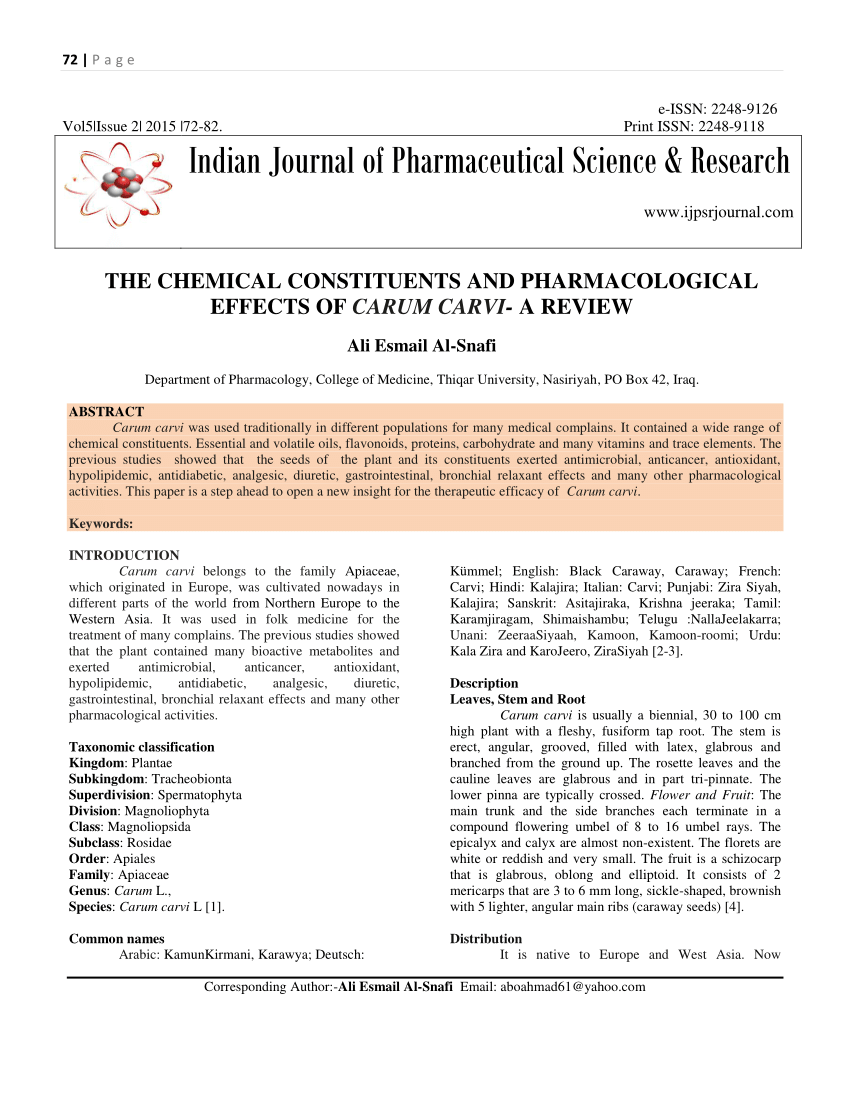 Pdf The Chemical Constituents And Pharmacological Effects Of Carum Carvi A Review