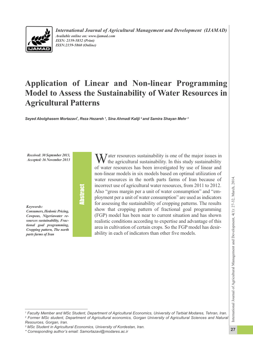 Pdf Application Of Linear And Nonlinear Programming Model To Access Sustainable Water Resources In Agricultural Patterns