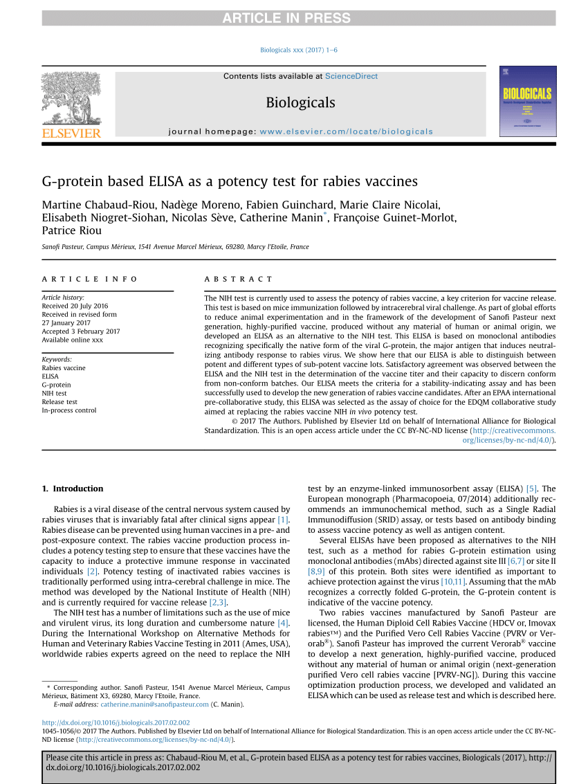 (PDF) G-protein based ELISA as a potency test for rabies vaccines