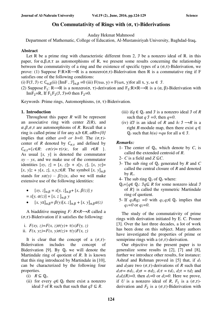 Pdf On Commutativity Of Rings With 𝛔 𝛕 Biderivations