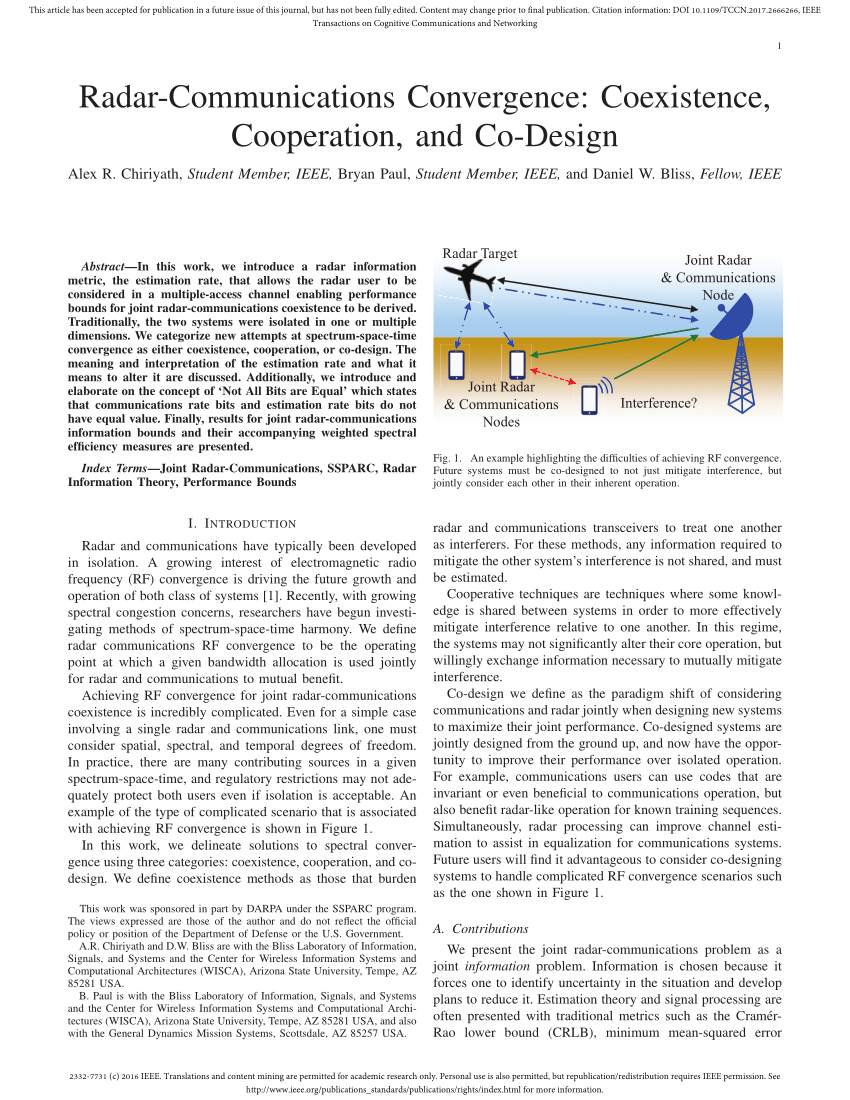 Pdf Radar Communications Convergence Coexistence Cooperation And Co Design