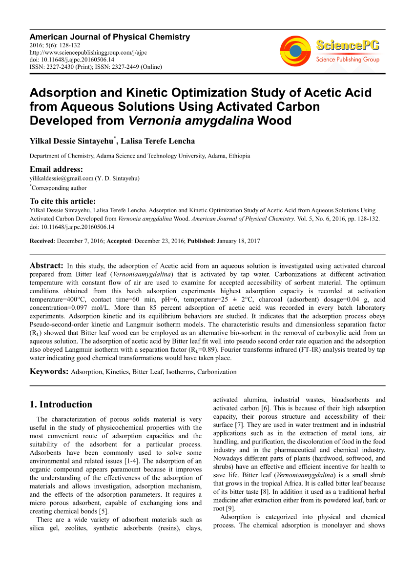 PDF) Adsorption and Kinetic Optimization Study of Acetic Acid from Aqueous  Solutions Using Activated Carbon Developed from Vernonia amygdalina Wood