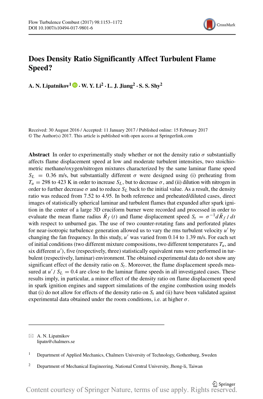 PDF Does Density Ratio Significantly Affect Turbulent Flame Speed