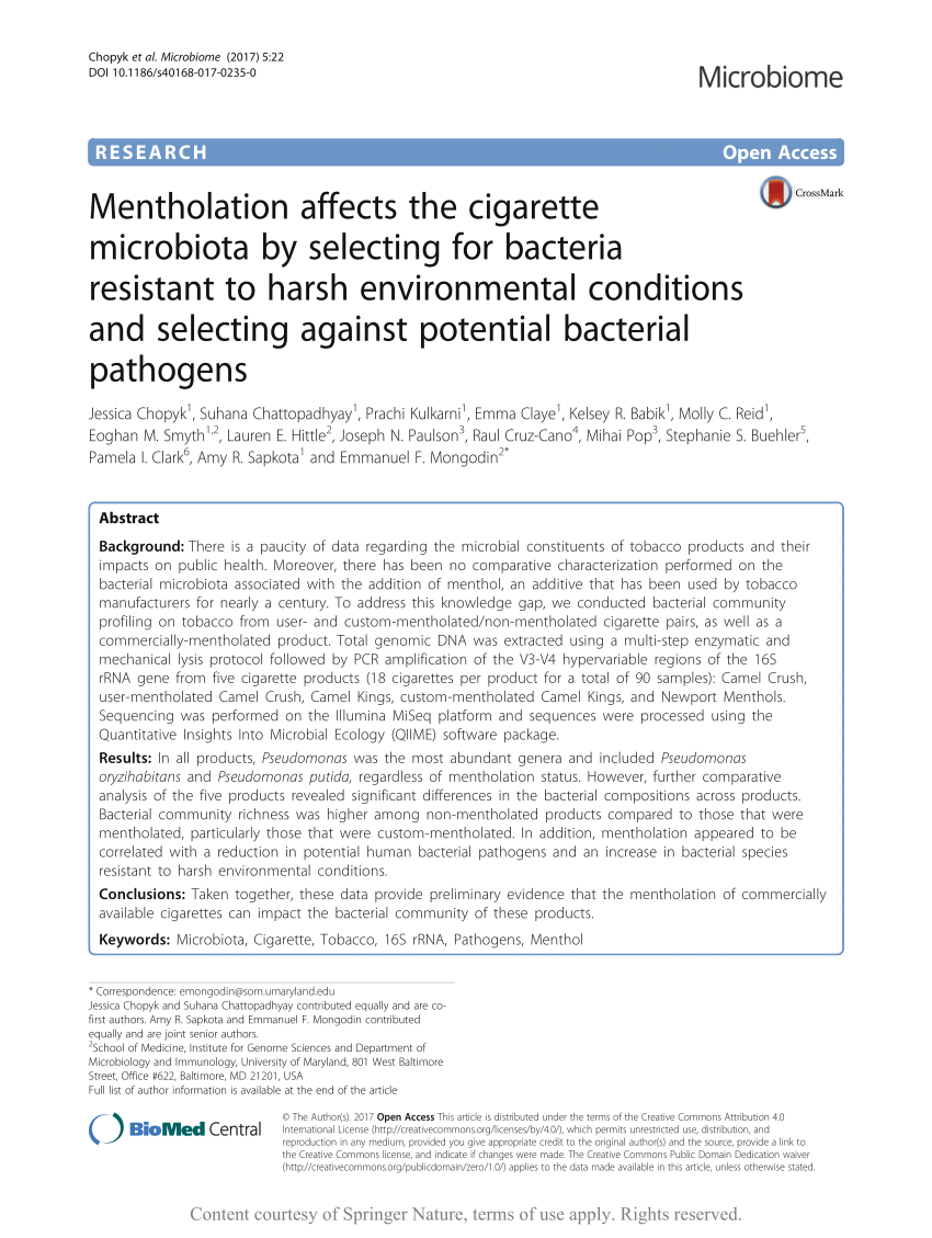 PDF) Mentholation affects the cigarette microbiota by selecting for  bacteria resistant to harsh environmental conditions and selecting against  potential bacterial pathogens