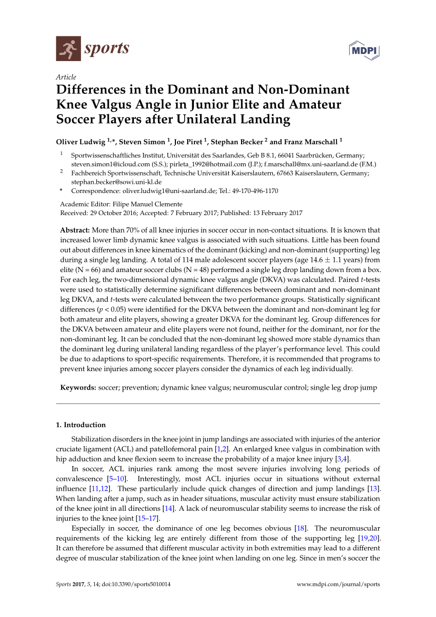 PDF) Differences in the Dominant and Non-Dominant Knee Valgus Angle in Junior Elite and Amateur Soccer Players after Unilateral Landing