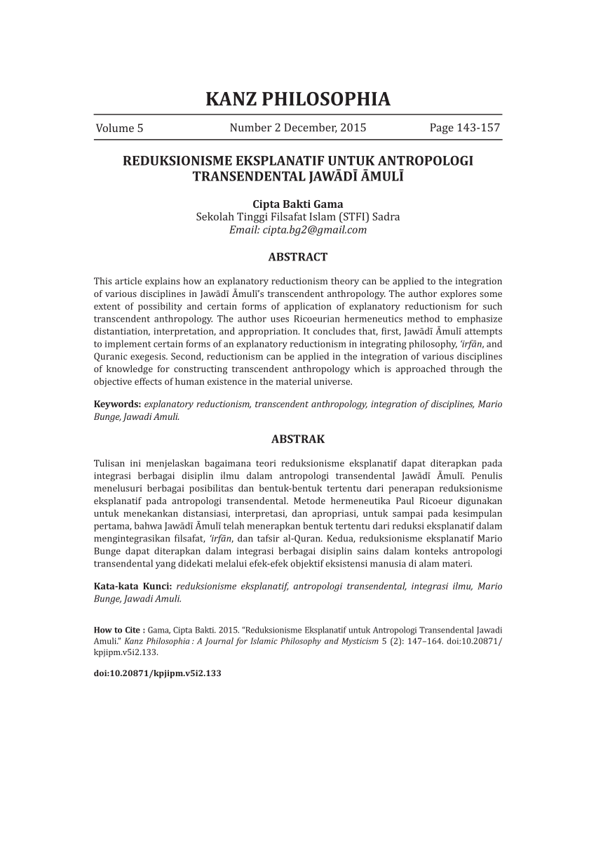 PDF Reduksionisme Eksplanatif Untuk Antropologi Transendental