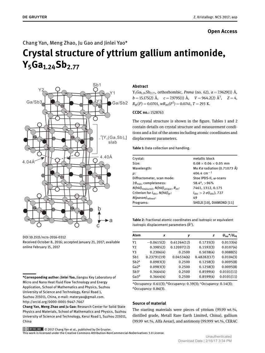 Pdf Crystal Structure Of Yttrium Gallium Antimonide Y5ga1 24sb2 77