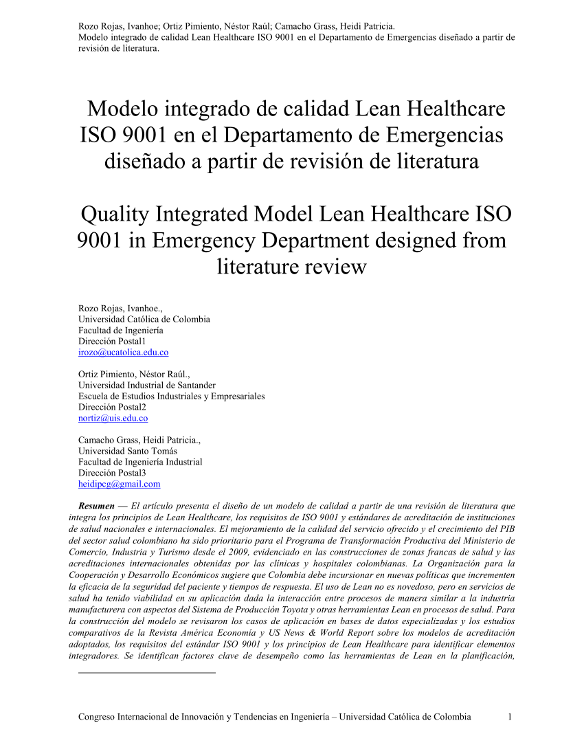 PDF) Modelo integrado de calidad Lean Healthcare ISO 9001 en el  Departamento de Emergencias diseñado a partir de revisión de literatura