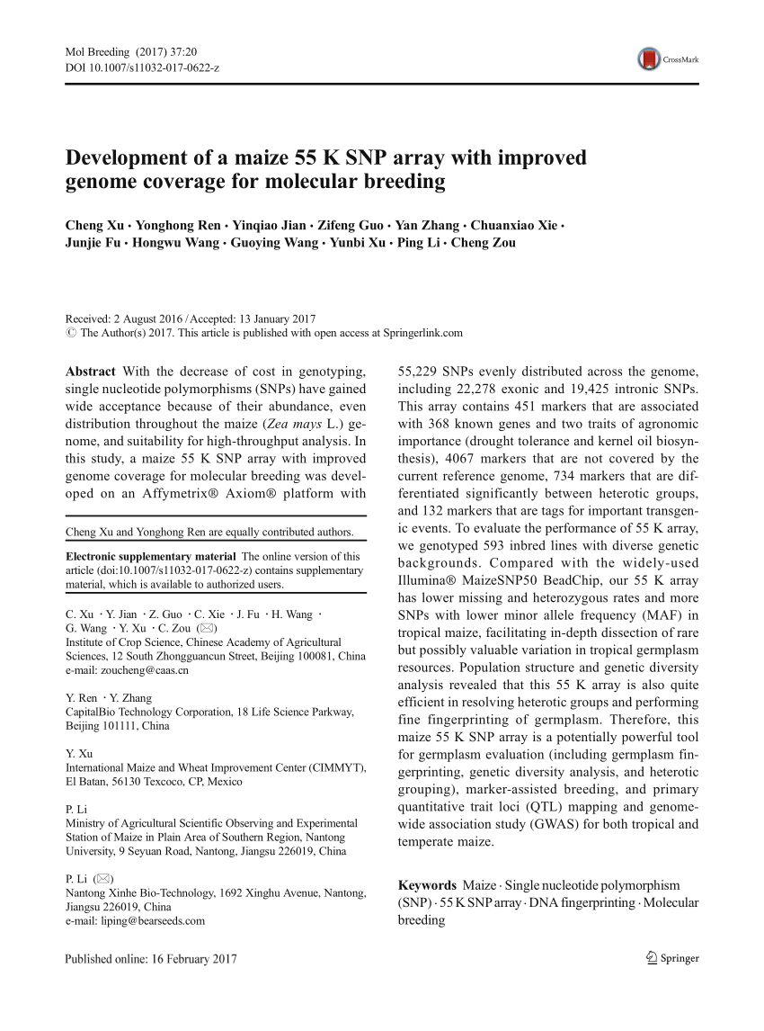 Pdf Development Of A Maize 55 K Snp Array With Improved Genome Coverage For Molecular Breeding