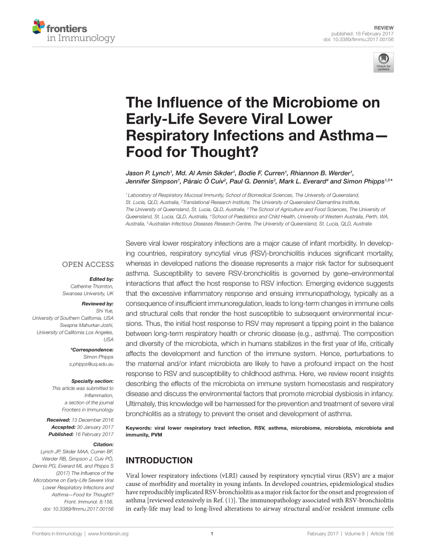 Pdf The Influence Of The Microbiome On Early Life Severe Viral Lower Respiratory Infections And Asthma Food For Thought