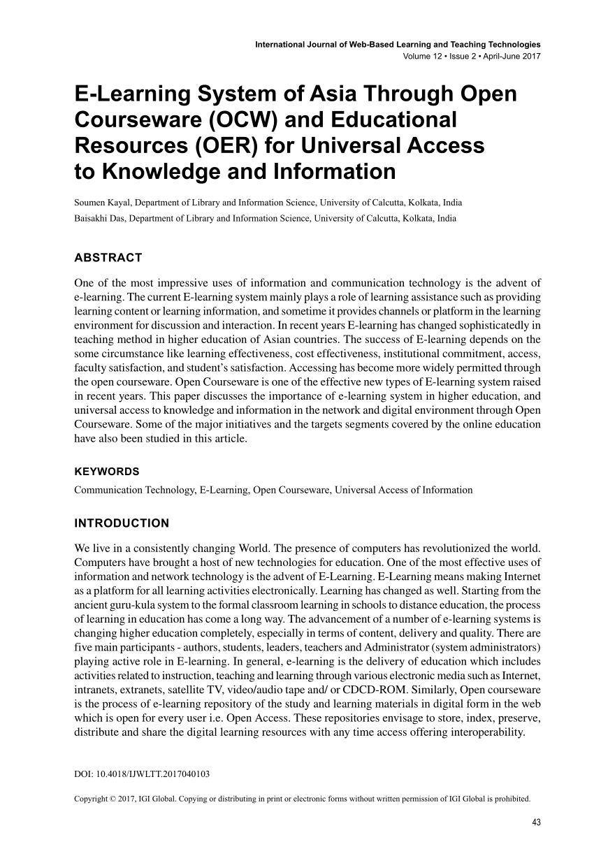 Pdf E Learning System Of Asia Through Open Courseware Ocw And Educational Resources Oer For Universal Access To Knowledge And Information