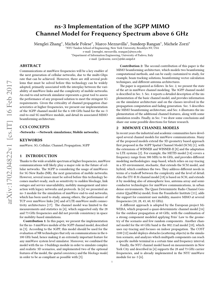 Pdf Ns 3 Implementation Of The 3gpp Mimo Channel Model For Frequency Spectrum Above 6 Ghz