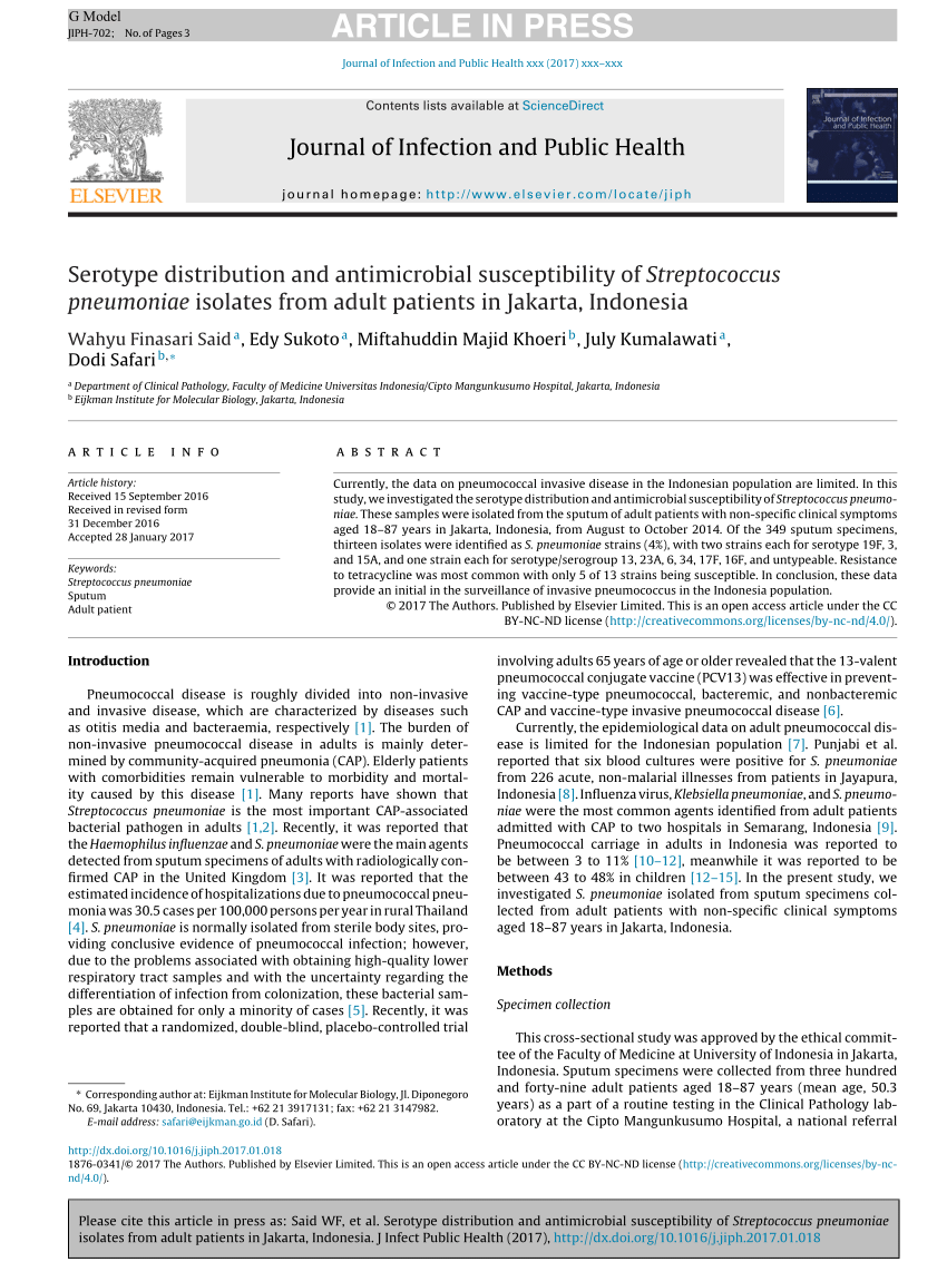 PDF) Serotype distribution and antimicrobial susceptibility of  Streptococcus pneumoniae isolates from adult patients in Jakarta, Indonesia