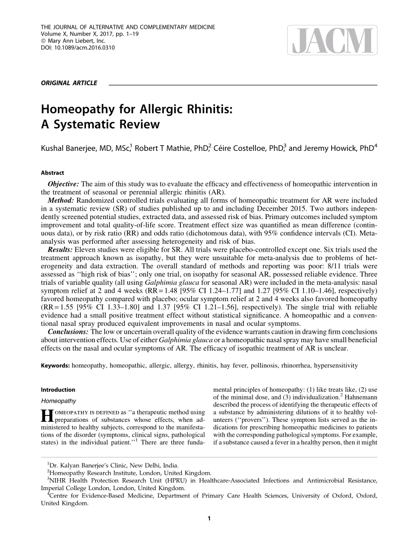 Pdf Homeopathy For Allergic Rhinitis A Systematic Review - 