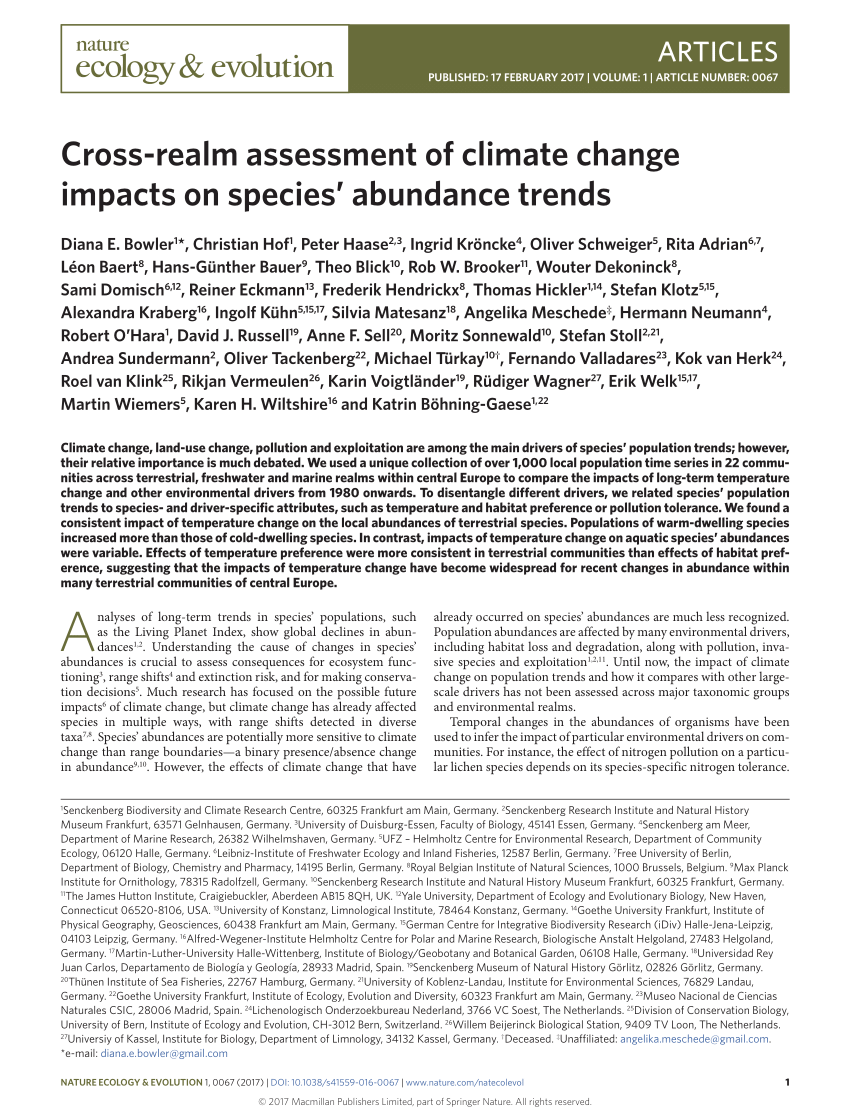 Pdf Cross Realm Assessment Of Climate Change Impacts On Species
