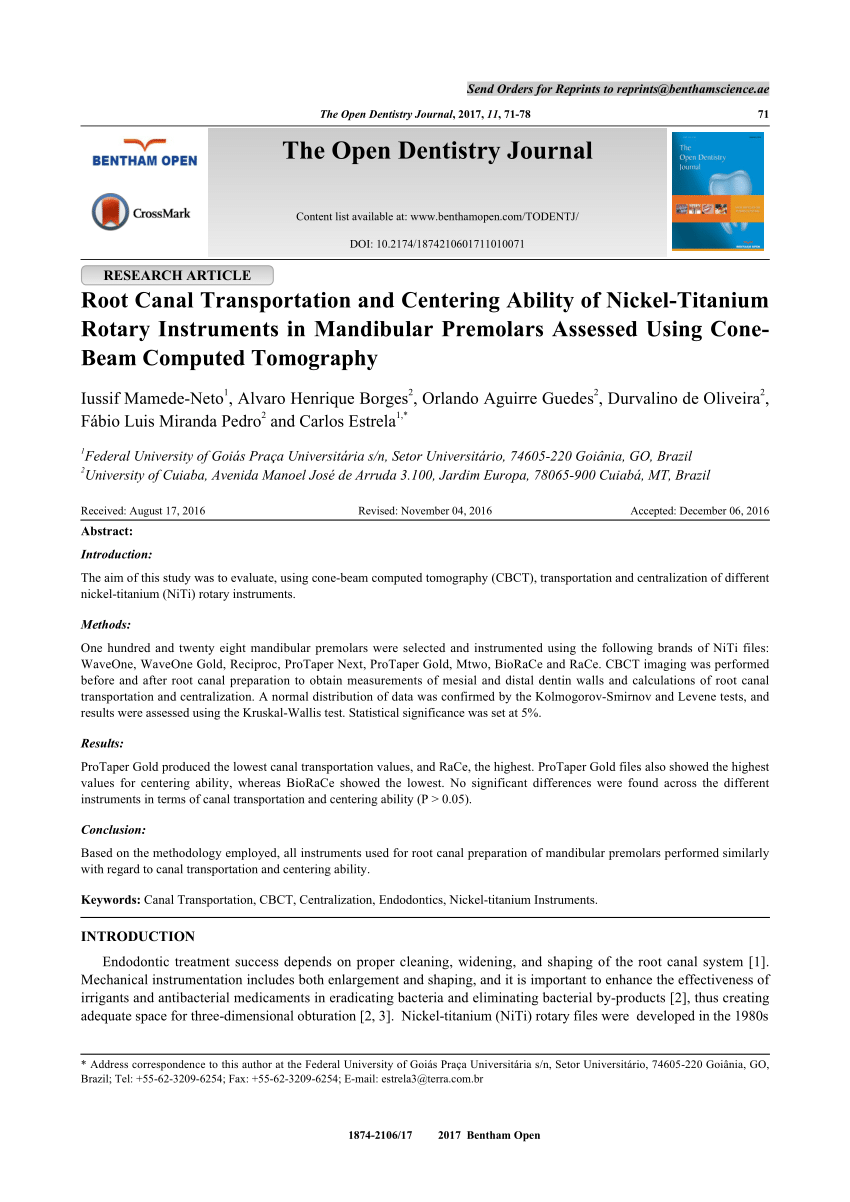 (PDF) Root Canal Transportation and Centering Ability of Nickel-Titanium  Rotary Instruments in Mandibular Premolars Assessed Using Cone-Beam  Computed Tomography