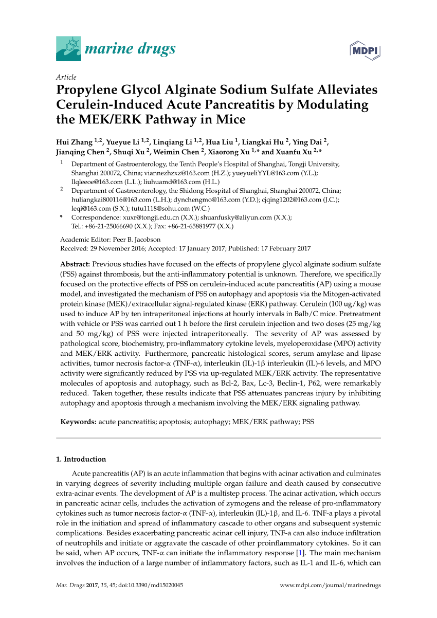 Pdf Propylene Glycol Alginate Sodium Sulfate Alleviates Cerulein Induced Acute Pancreatitis By Modulating The Mek Erk Pathway In Mice