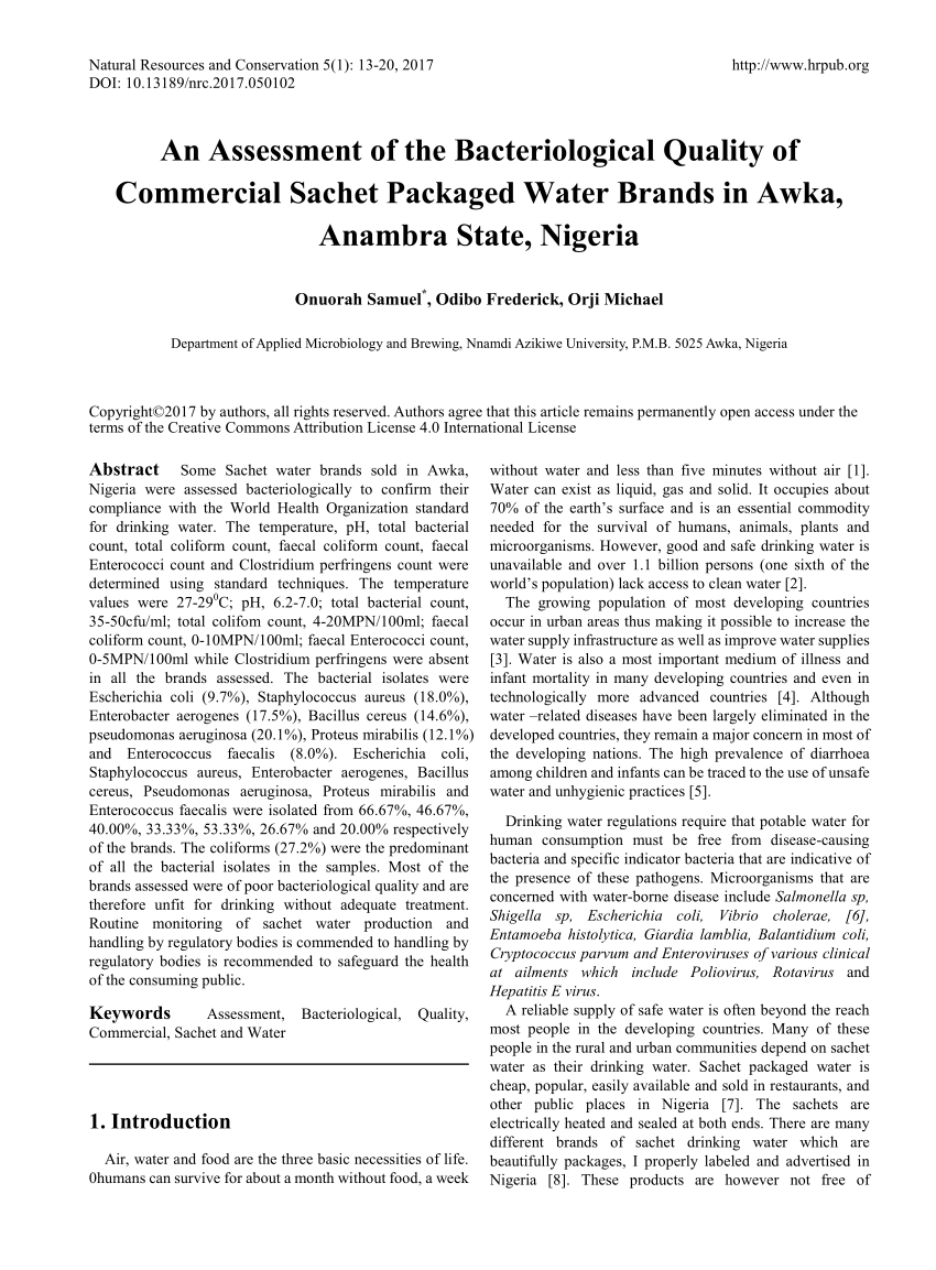 literature review on bacteriological study of sachet water