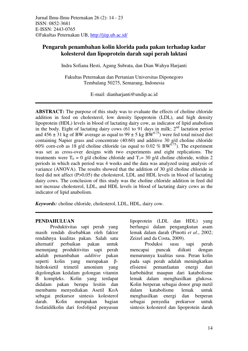 (PDF) Pengaruh penambahan kolin klorida pada pakan terhadap kadar