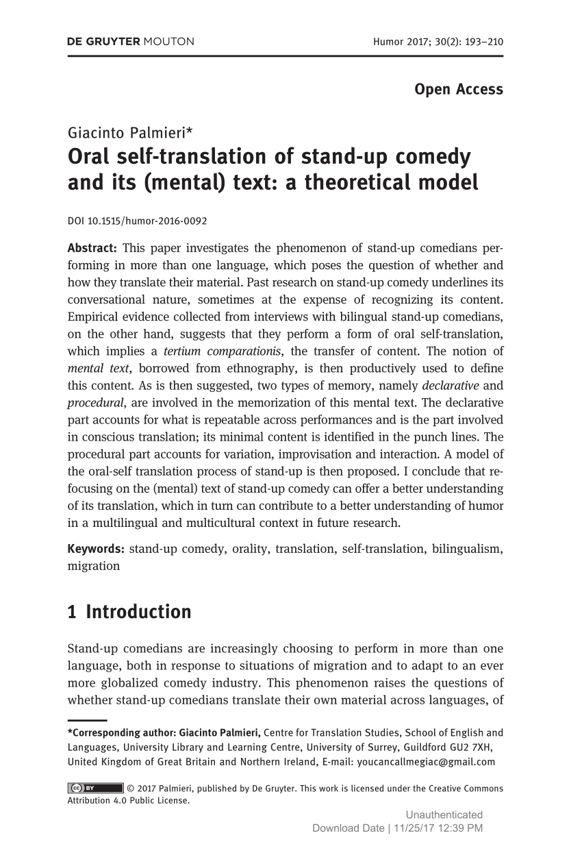 PDF) Oral self-translation of stand-up comedy and its (mental ...
