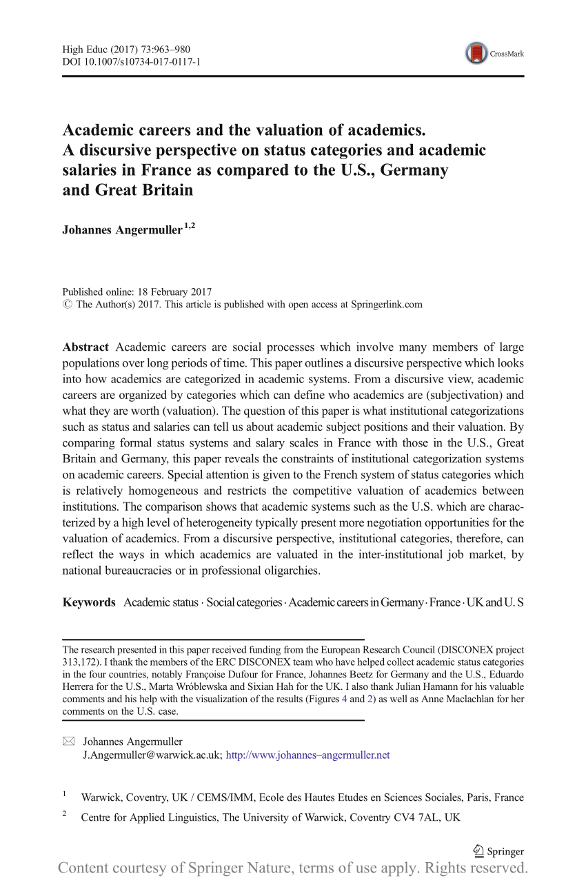 Pdf Academic Careers And The Valuation Of Academics A Discursive Perspective On Status Categories And Academic Salaries In France As Compared To The U S Germany And Great Britain
