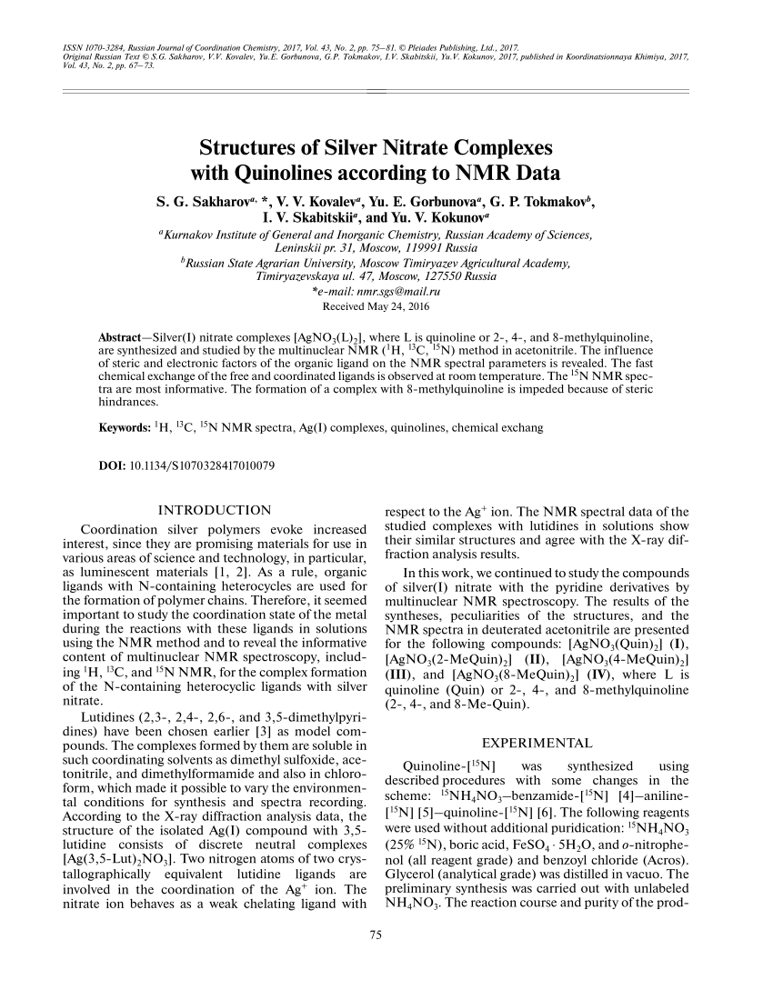 Pdf Structures Of Silver Nitrate Complexes With Quinolines According To Nmr Data