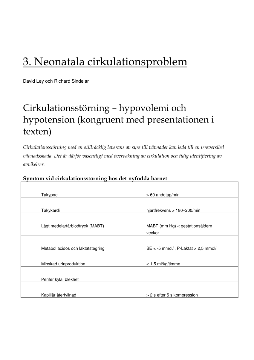 Pdf Neonatala Cirkulationsstorningar Inkluderande Hypovolemi